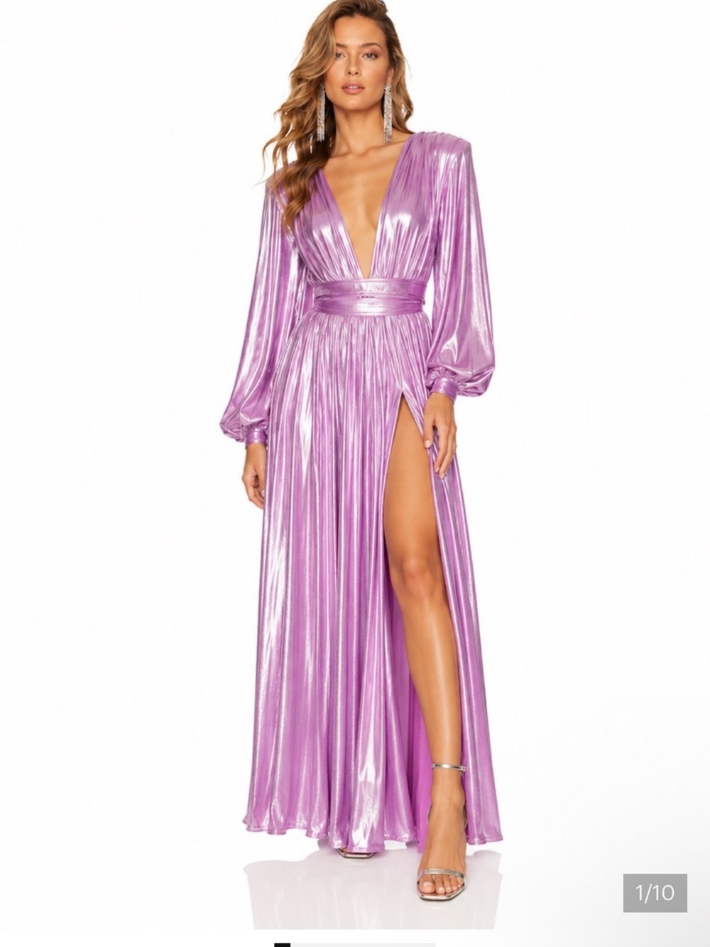 Bronx and Banco Metallic Lilac Plunge Maxi Gown